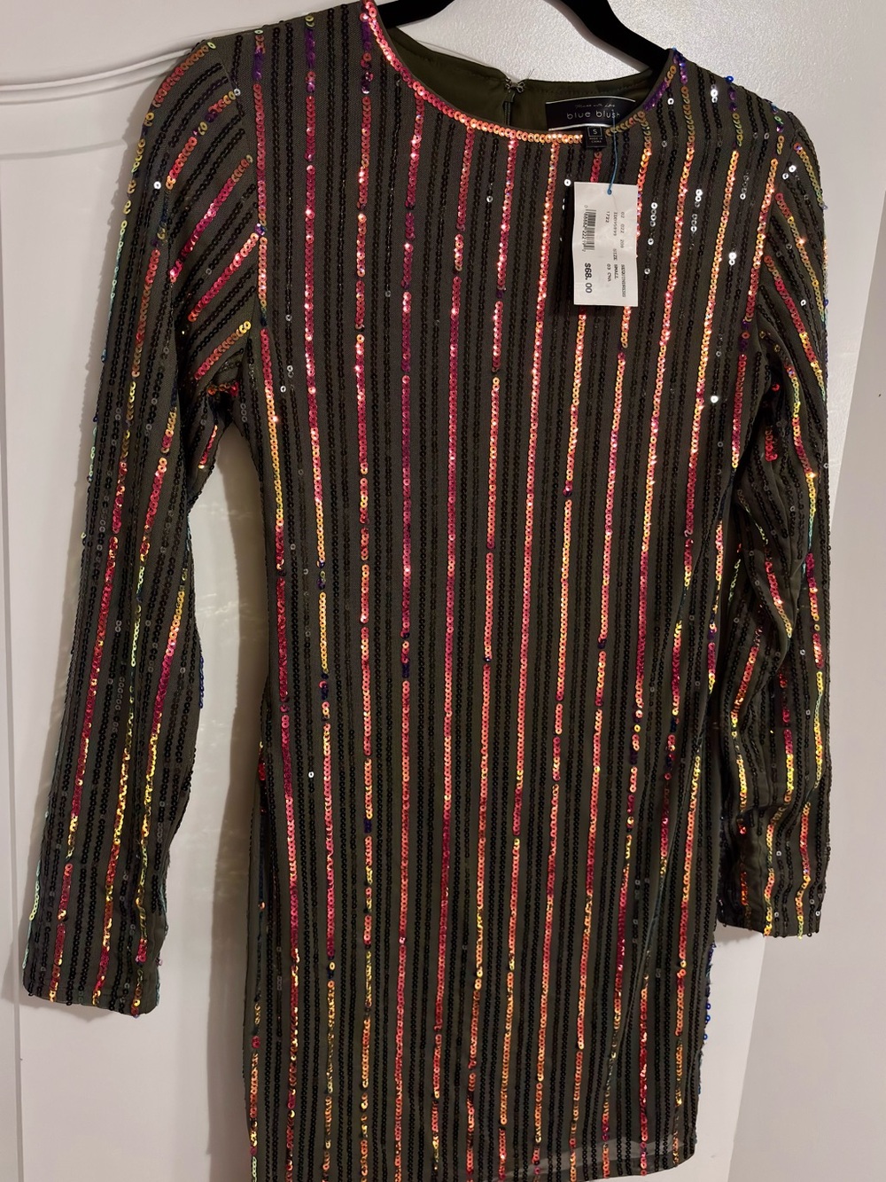 Blue Blush Olive Shift Dress with Multicolor Sequin Stripes